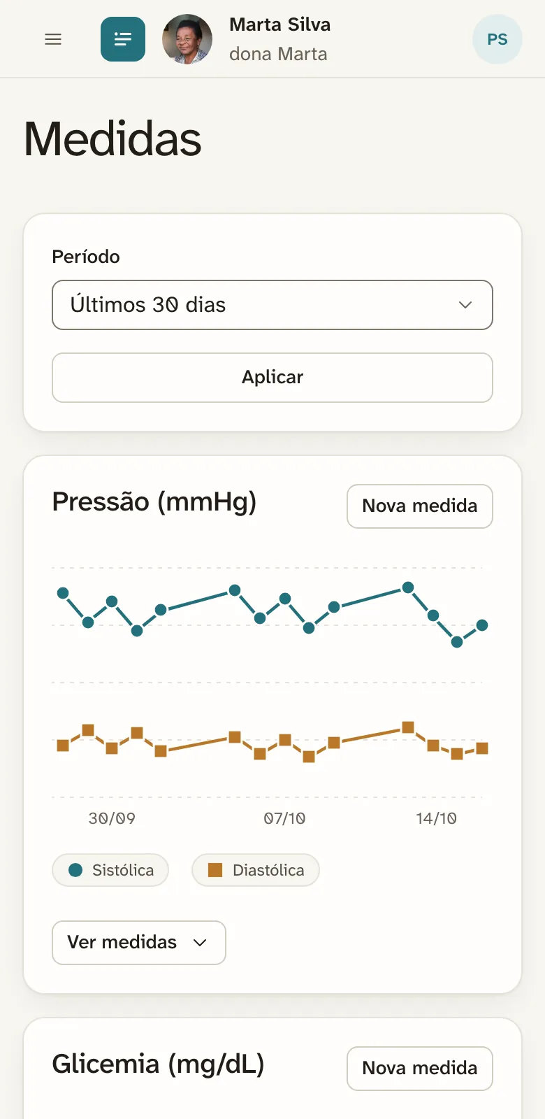 Tela Medidas do portal no celular: gráfico de pressão com sistólica e diastólica nas últimas semanas, até 15/10.