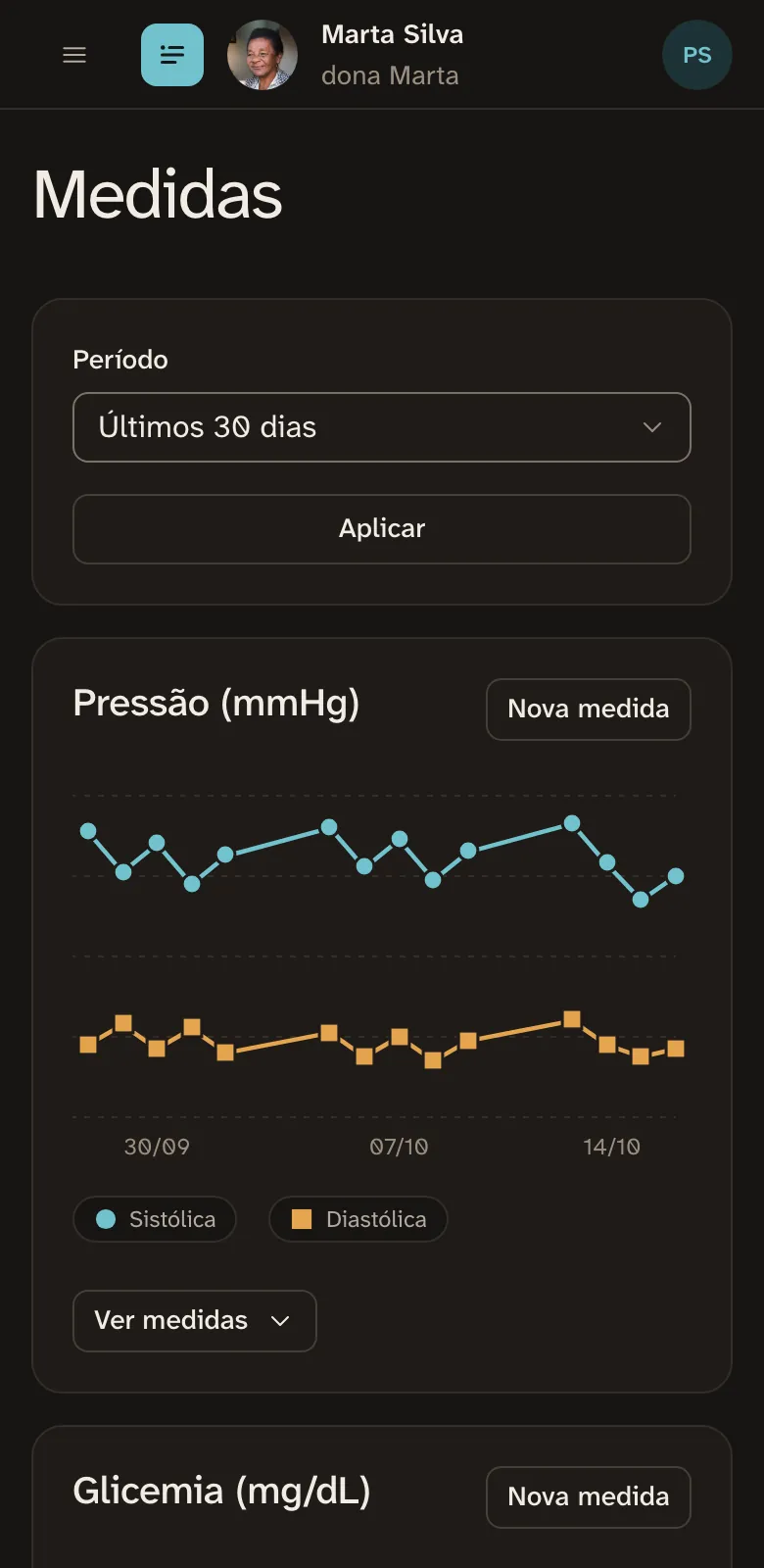 Tela Medidas do portal no celular: gráfico de pressão com sistólica e diastólica nas últimas semanas, até 15/10.